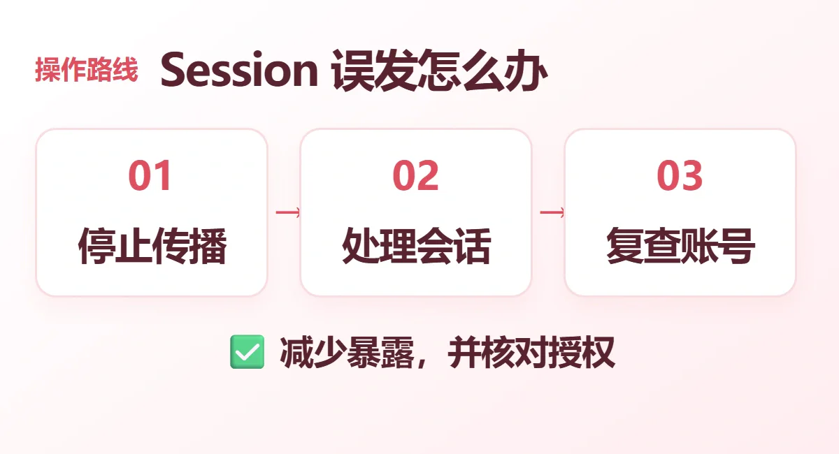 Session 误发怎么办流程示意:停止传播、处理会话、复查账号;减少暴露,并核对授权