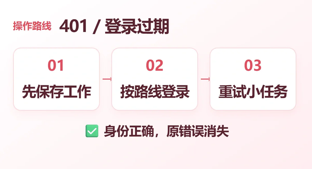 401 / 登录过期流程示意:先保存工作、按路线登录、重试小任务;身份正确,原错误消失